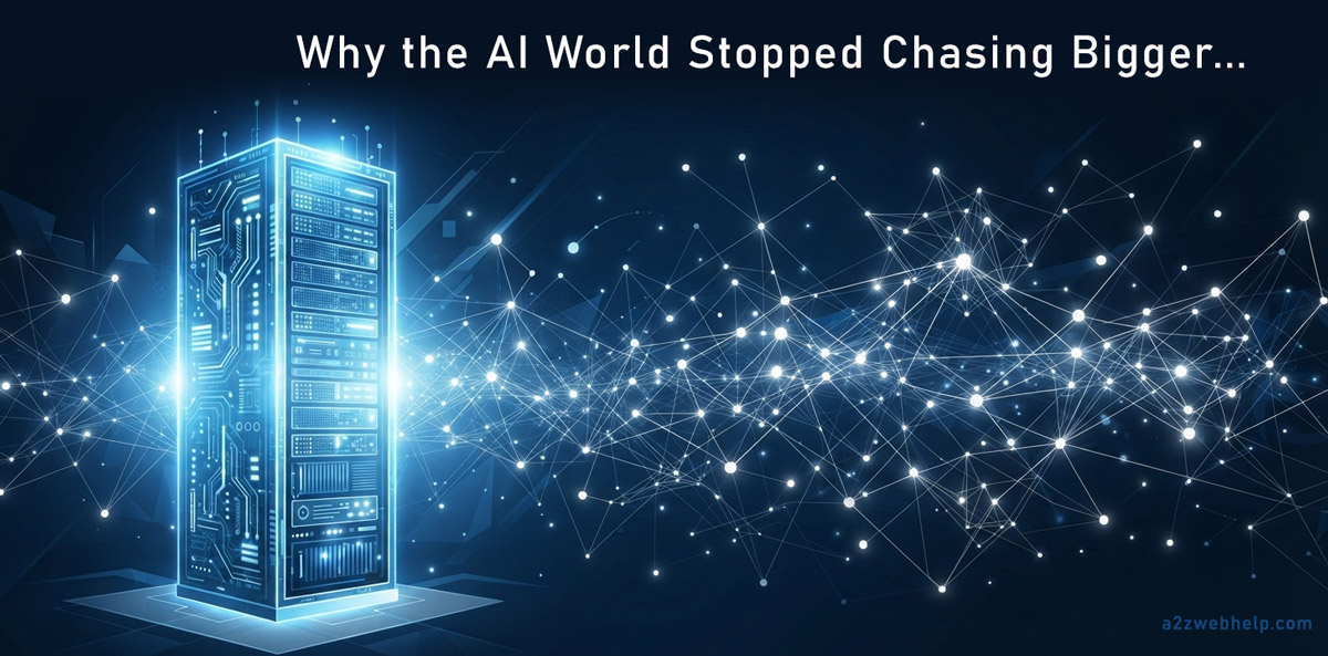 Illustration contrasting one large AI data center with a distributed network of small connected AI models